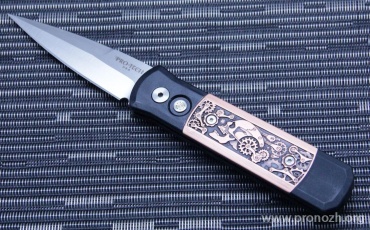    Pro-Tech Godson Limited Steampunk, 2-Tone: Satin Finish Blade, Solid Black Aluminum Handle, Black Finish Copper Inlay with Bruce Shaw Designed "coin struck"