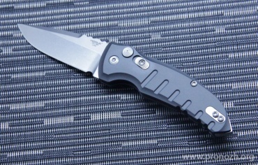    Hogue A01-Microswitch 2.75"  Drop Point, Stone-Tumbled Blade, Grey  Aluminum Handle