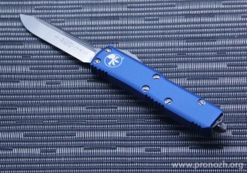 Автоматический складной нож фронтального выброса Microtech UTX-85 S/E, Satin Standard, Blue Handle