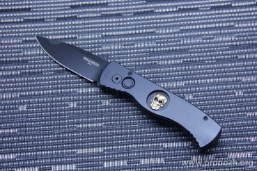 Складной автоматический нож Pro-Tech TR-2 , DLC-Coated Blade, Black Aluminum Handle, Bruce Shaw Skull Inlay