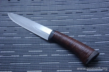 Фиксированный нож Maruyoshi "Tenchi" Hand Crafted, Shirogami Core Forged with Nickel Damascus, wrapped with Black Fuji-Maki (Wisteria Vine)