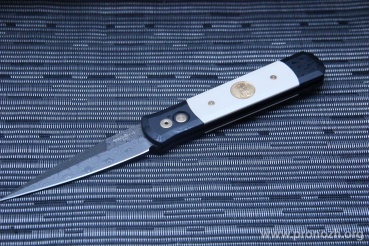 Складной автоматический нож Pro-Tech Godfather Tuxedo Gold, Damascus Blade, Black Aluminum Handle with White Micarta Inlays