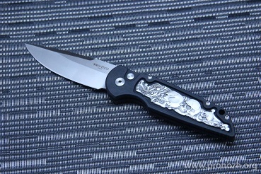 Складной автоматический нож Pro-Tech TR-3 Bruce Shaw Designed "coin struck" Skull & Bones Inlay, Satin Finish Blade